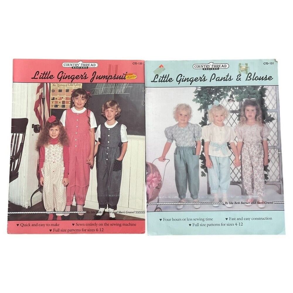 Vintage Little Ginger's Sewing Patterns‎ Kids Pants Blouse Jumpsuit Lot Of 2